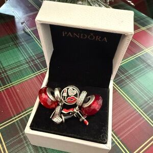 5 Pandora Red and Silver Charm bundle with Lip and Shoe Charms